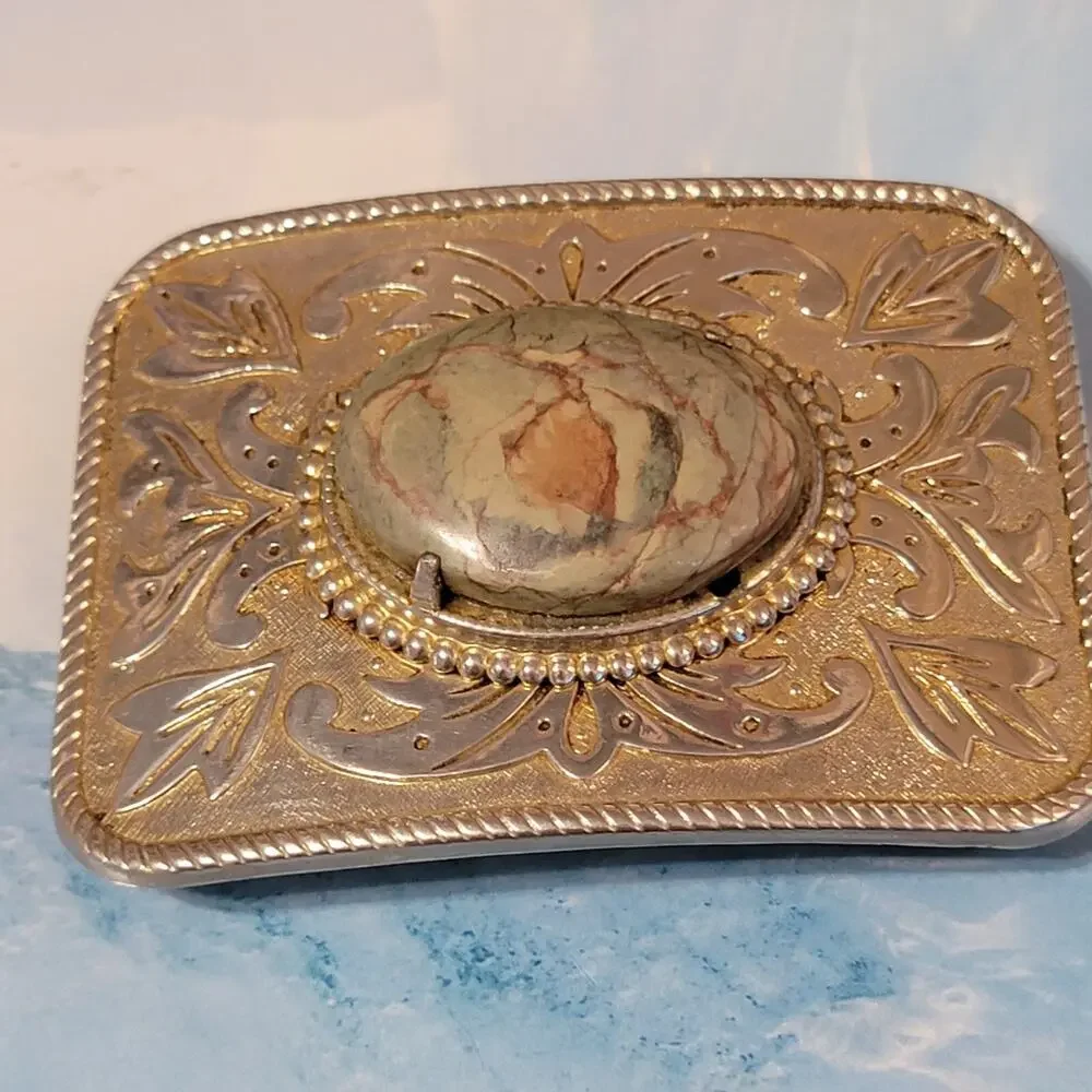 Vintage Brassy Silver-tone Large Belt Buckle‎ Agate 3.75